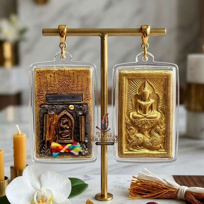 ✨ Premium Authentic Thai Amulet Somdej Waek Marn Ananta Sub 2021 – Gold-Brushed Sacred Earth Pendant Embedded with Phra Mae Thorani, Dual Takrut, Holy Hair, & Multi-Sacred Elements by Luang Phor Jai Wat Phraya Yat Thai Blessing Co By RURUECHA