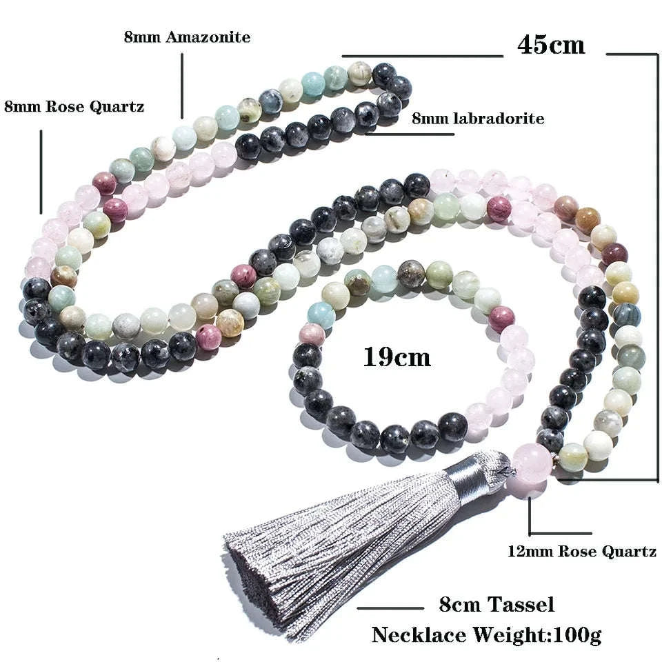 🔮 Premium Tri-Gemstone 108 Mala Beads: Amazonite, Rose Quartz & Labradorite – Heart Chakra Healing Necklace & Meditation Japamala Rosary Set