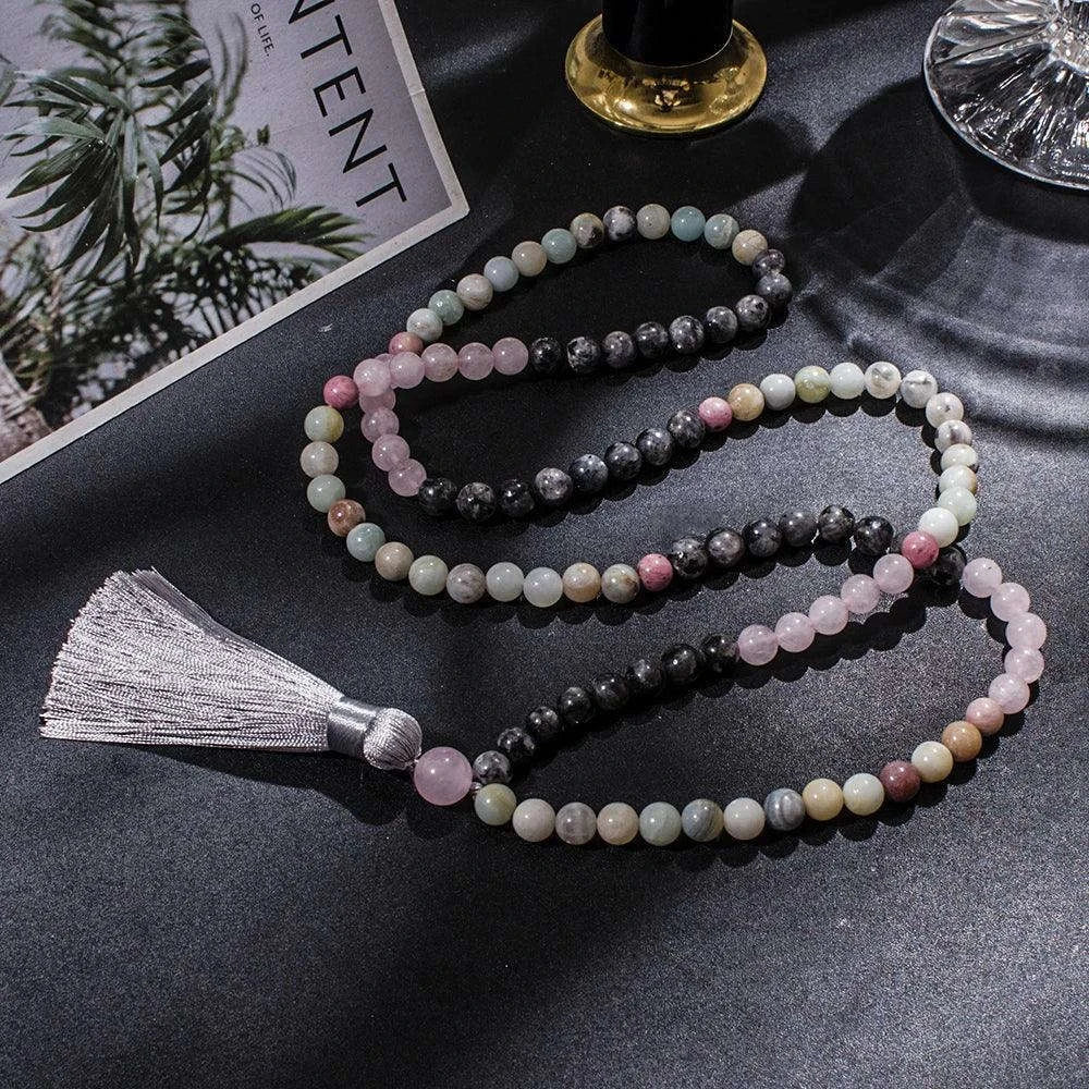🔮 Premium Tri-Gemstone 108 Mala Beads: Amazonite, Rose Quartz & Labradorite – Heart Chakra Healing Necklace & Meditation Japamala Rosary Set