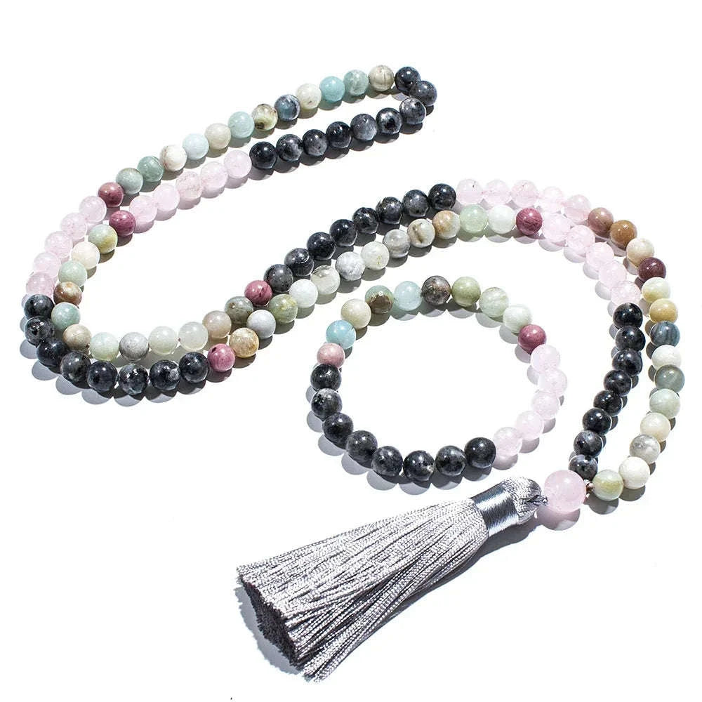 🔮 Premium Tri-Gemstone 108 Mala Beads: Amazonite, Rose Quartz & Labradorite – Heart Chakra Healing Necklace & Meditation Japamala Rosary Set Set