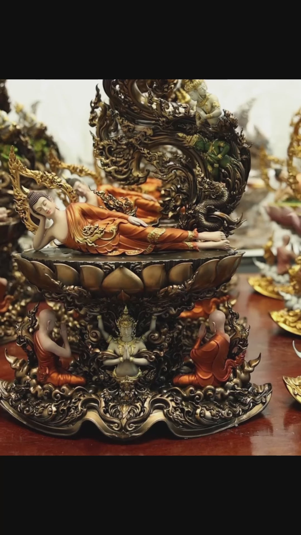Authentic Sacred Thai Fine Art Hand-Painted Bronze Statue "Phra Chaturaphit Barami Saiyat" (Reclining Buddha - 44 cm / 17 Inch High Altar Size - 10 kg)