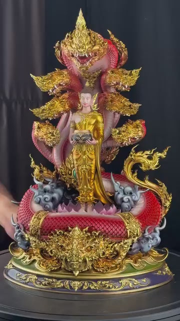 Authentic Sacred Thai Fine Art Bronze Statue "Phra Phuttha Chariyawat Um Bat Prok Nagaraja" (Standing Alms-Bowl Buddha protected by Naga - 40 cm / 16 Inch High Altar Size - 14 kg)