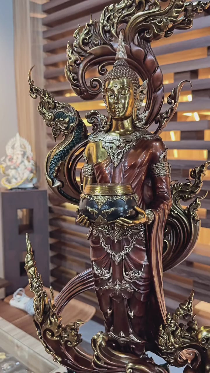 Authentic Sacred Museum-Grade Large Altar Statue "Phra Buddha Chariyawat Um Bat Prod Venai Yasat" (Standing Alms-Bowl Buddha Posture - 97 cm / 38 Inches with Genuine Marble Base)