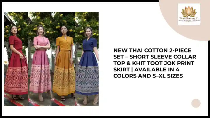 New Thai Cotton 2-Piece Set &ndash; Short Sleeve Collar Top &amp; Khit Toot Jok Print Skirt | Available in 4 Colors and S&ndash;XL Sizes by@Outfy