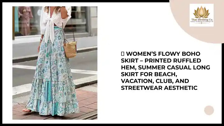 👗 Women&rsquo;s Flowy Boho Skirt &ndash; Printed Ruffled Hem, Summer Casual Long Skirt for Beach, Vacation, Club, and Streetwear Aesthetic by@Outfy
