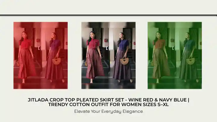 Jitlada Crop Top Pleated Skirt Set - Wine Red &amp; Navy Blue | Trendy Cotton Outfit for Women Sizes S&ndash;XL by@Outfy