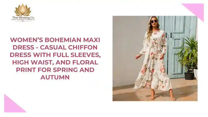 Women&rsquo;s Bohemian Maxi Dress - Casual Chiffon Dress with Full Sleeves, High Waist, and Floral Print for Spring and Autumn by@Outfy