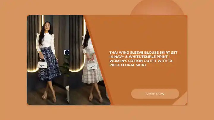 Thai Wing Sleeve Blouse Skirt Set in Navy &amp; White Temple Print | Women's Cotton Outfit with 10-Piece Floral Skirt by@Outfy