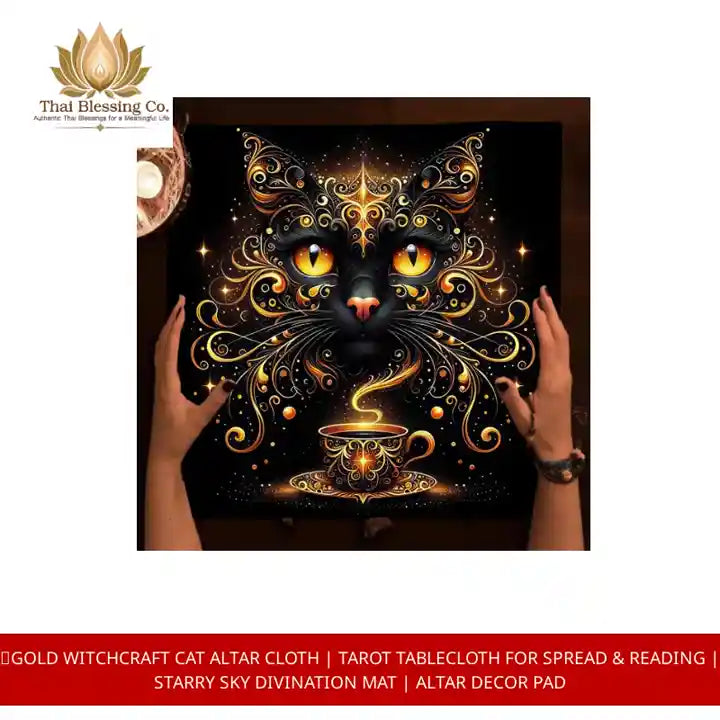 🌟Gold Witchcraft Cat Altar Cloth | Tarot Tablecloth for Spread &amp; Reading | Starry Sky Divination Mat | Altar Decor Pad by@Outfy