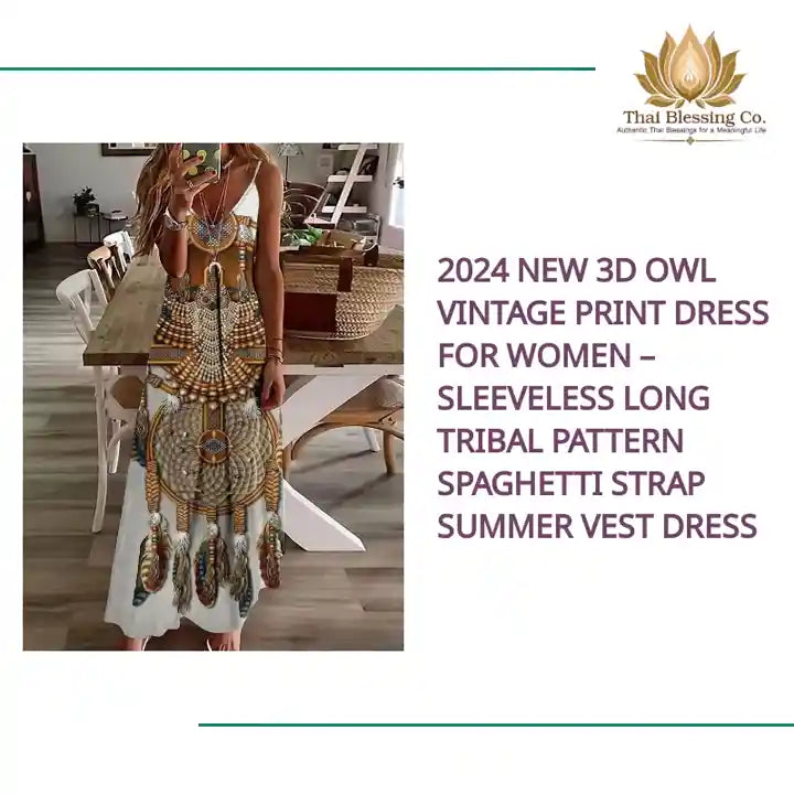 2024 New 3D Owl Vintage Print Dress for Women &ndash; Sleeveless Long Tribal Pattern Spaghetti Strap Summer Vest Dress by@Outfy