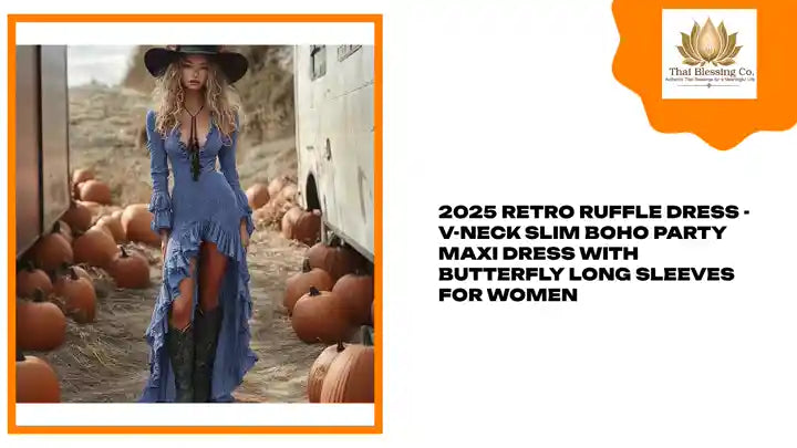 2025 Retro Ruffle Dress - V-Neck Slim Boho Party Maxi Dress with Butterfly Long Sleeves for Women by@Outfy