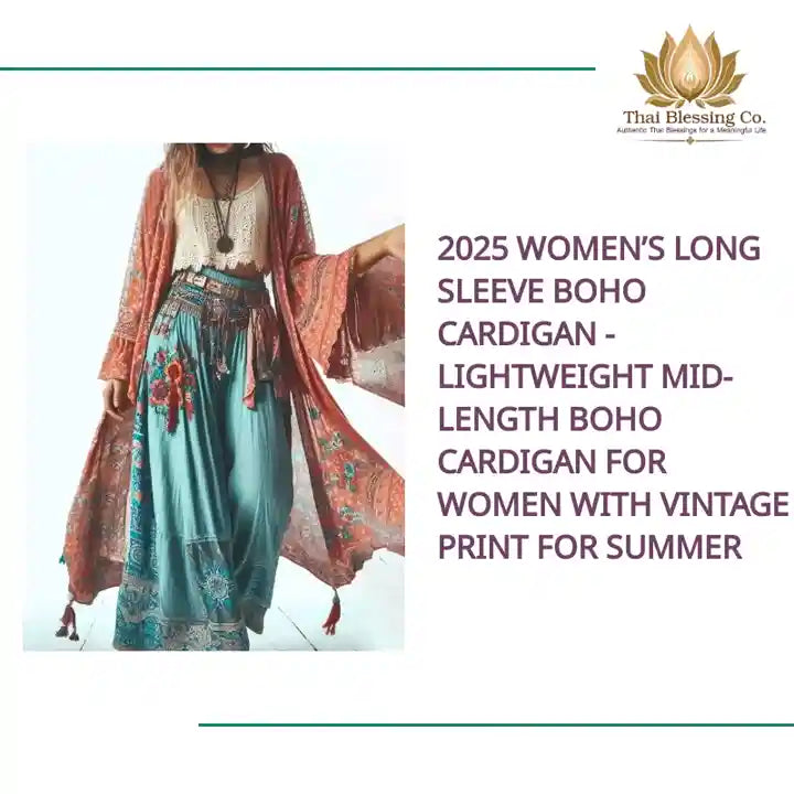 2025 Women&rsquo;s Long Sleeve Boho Cardigan - Lightweight Mid-Length Boho Cardigan for Women with Vintage Print for Summer by@Outfy