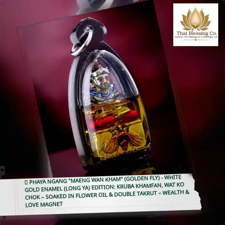 ❄️ Phaya Ngang "Maeng Wan Kham" (Golden Fly) - White Gold Enamel (Long Ya) Edition: Kruba Khamfan, Wat Ko Chok &ndash; Soaked in Flower Oil &amp; Double Takrut &ndash; Wealth &amp; Love Magnet by@Outfy