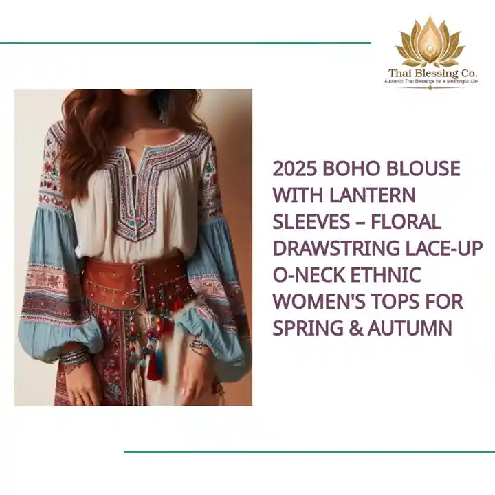 2025 Boho Blouse with Lantern Sleeves &ndash; Floral Drawstring Lace-Up O-Neck Ethnic Women&#039;s Tops for Spring &amp; Autumn by@Outfy