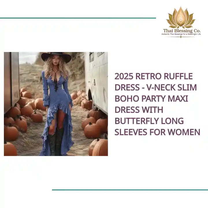 2025 Retro Ruffle Dress - V-Neck Slim Boho Party Maxi Dress with Butterfly Long Sleeves for Women by@Outfy