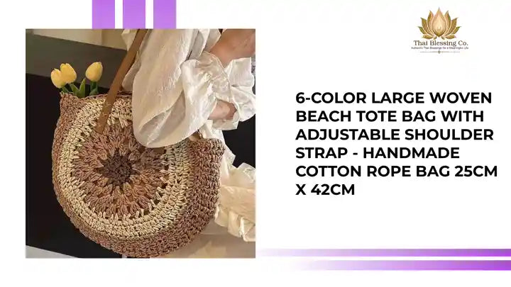 6-Color Large Woven Beach Tote Bag with Adjustable Shoulder Strap - Handmade Cotton Rope Bag 25cm x 42cm by@Outfy