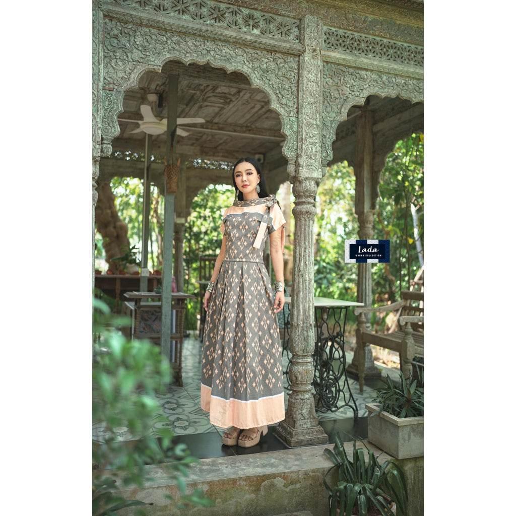 Printed Cotton Pastel Krok Dork Kaew Blouse & Pleated Skirt Set - Thai-Inspired Modest Outfit for Women in 3 Colors เทา