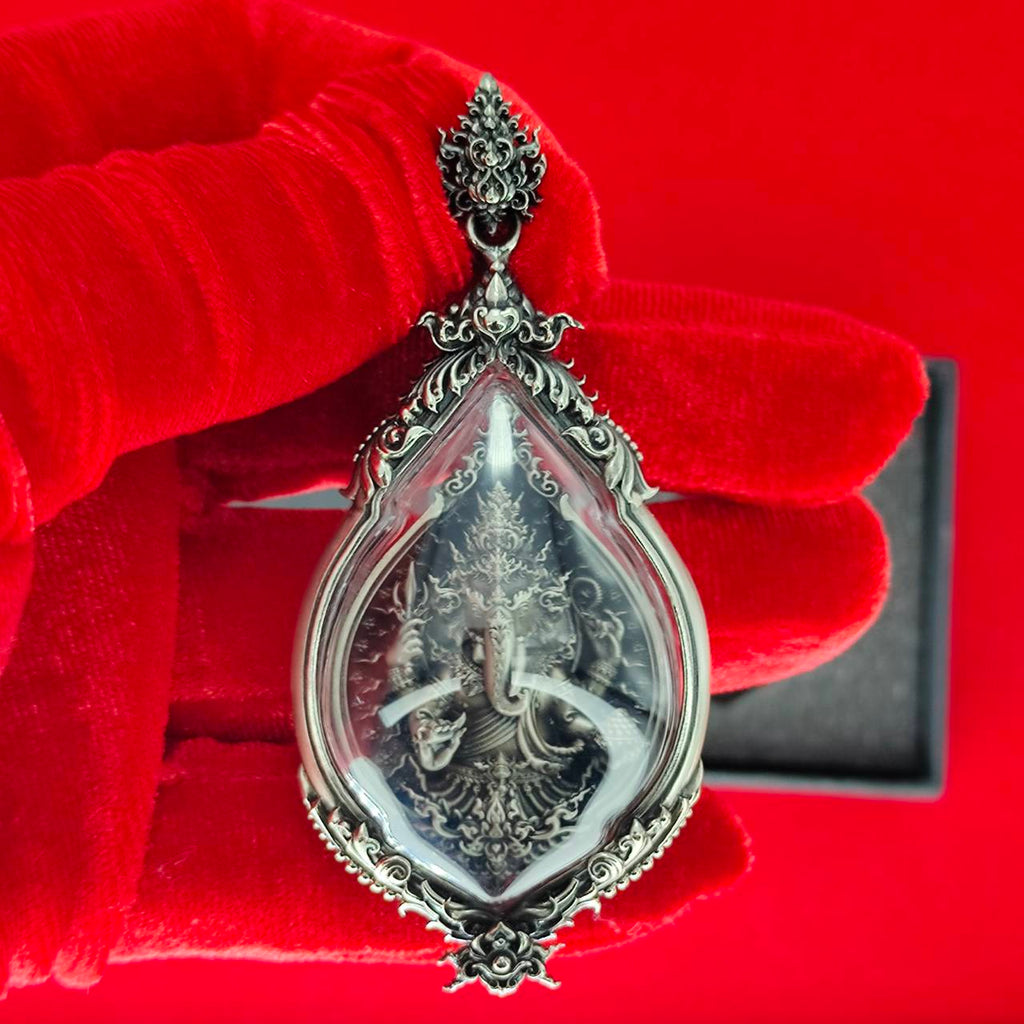 Prosperity Ganesh pendant Thailand with intricate silver detailing and protective case