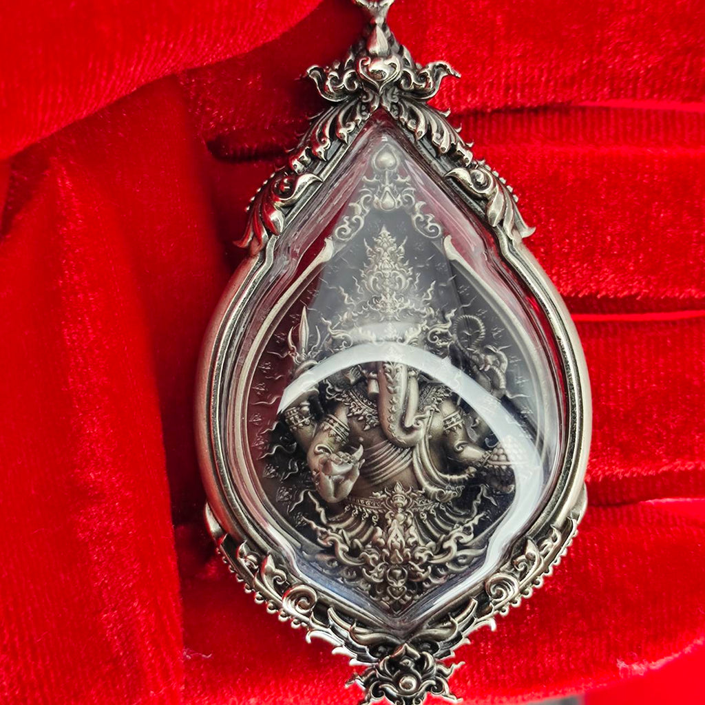 Prosperity Ganesh pendant Thailand in intricate silver design with detailed carvings