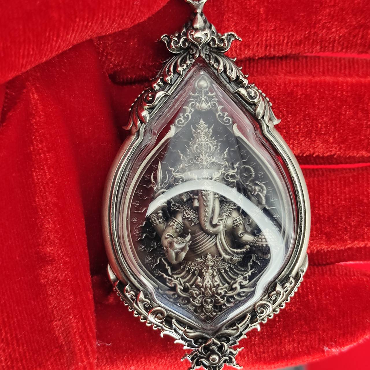 Prosperity Ganesh pendant Thailand in intricate silver design with detailed carvings