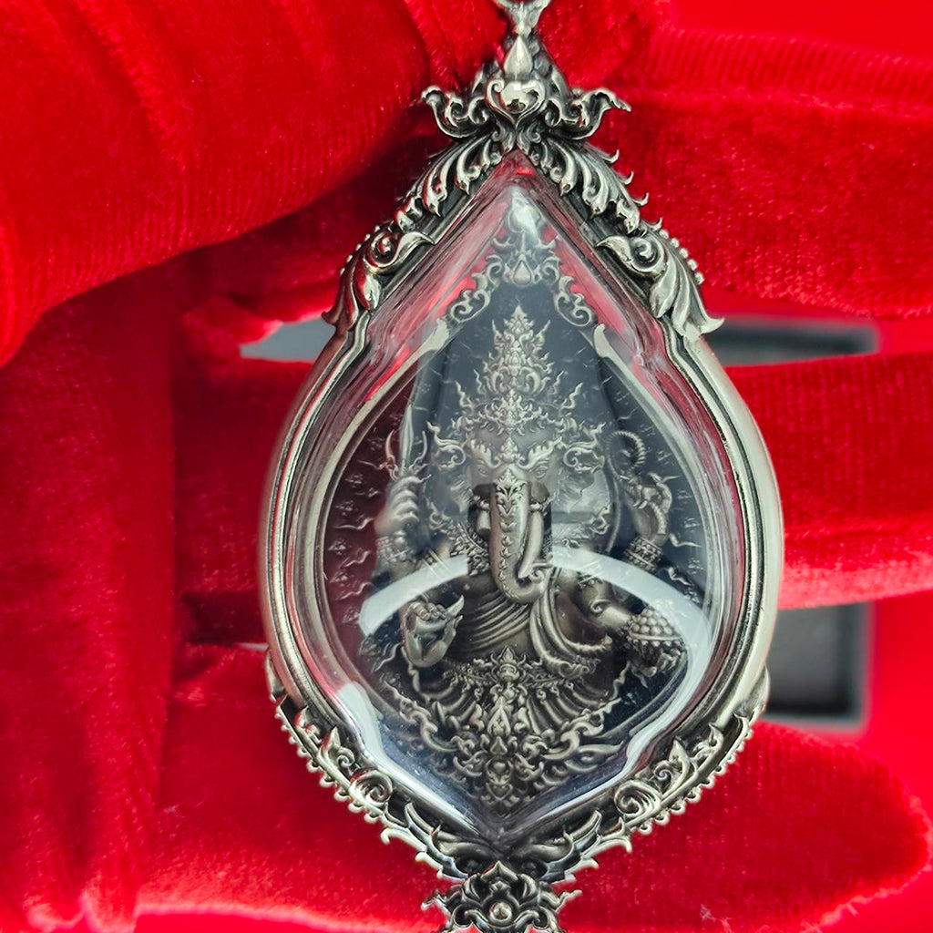 Prosperity Ganesh pendant Thailand in ornate silver setting with intricate detailing for home decoration
