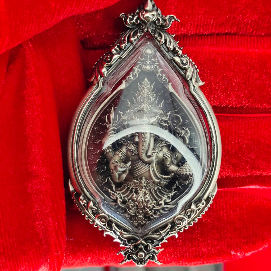 Prosperity Ganesh pendant Thailand in ornate silver with intricate detailing for spiritual decor