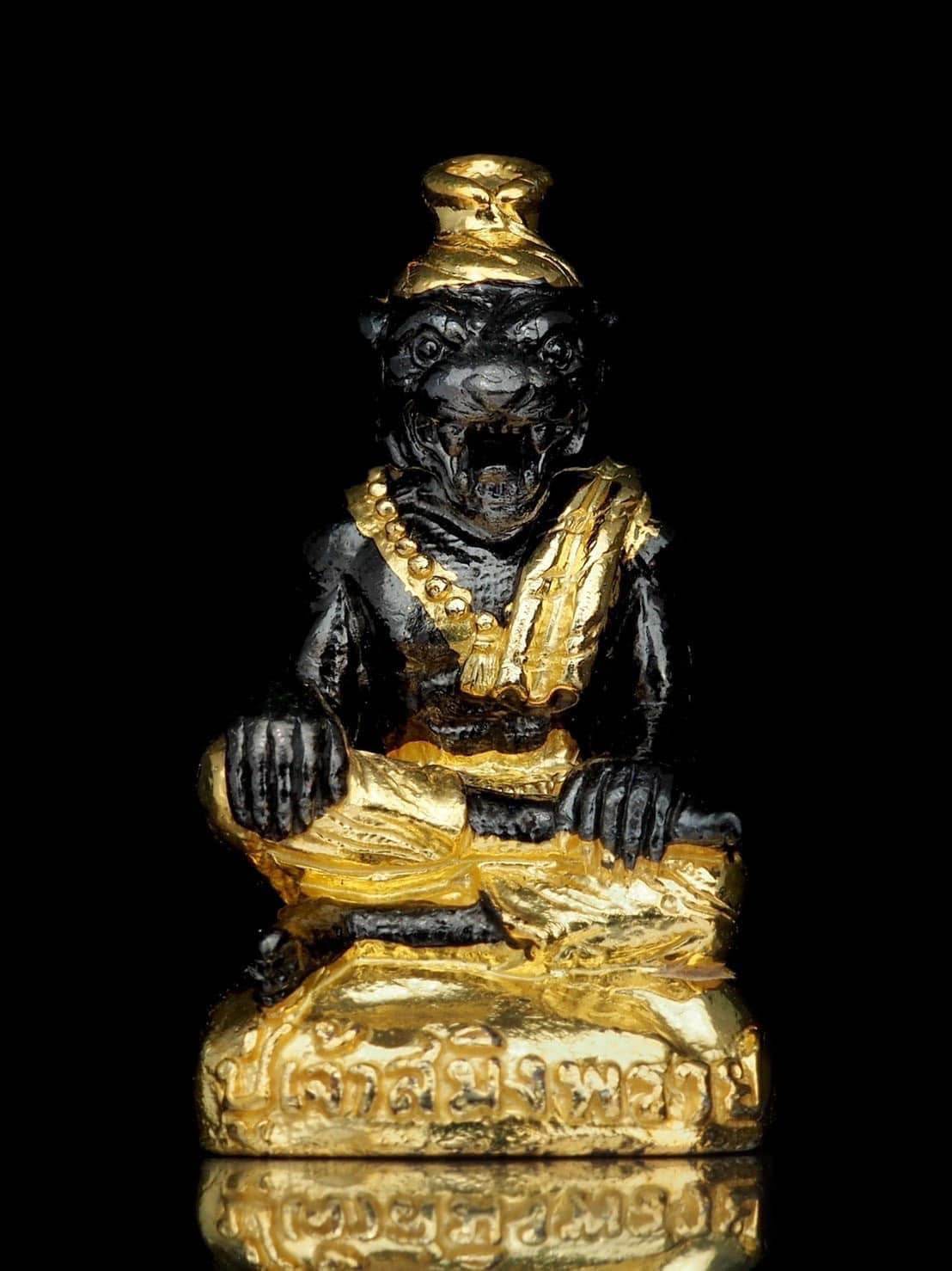 Black and gold Pu Jao Saming Prai spirit talisman statue with intricate detailing from Thai Blessing Co