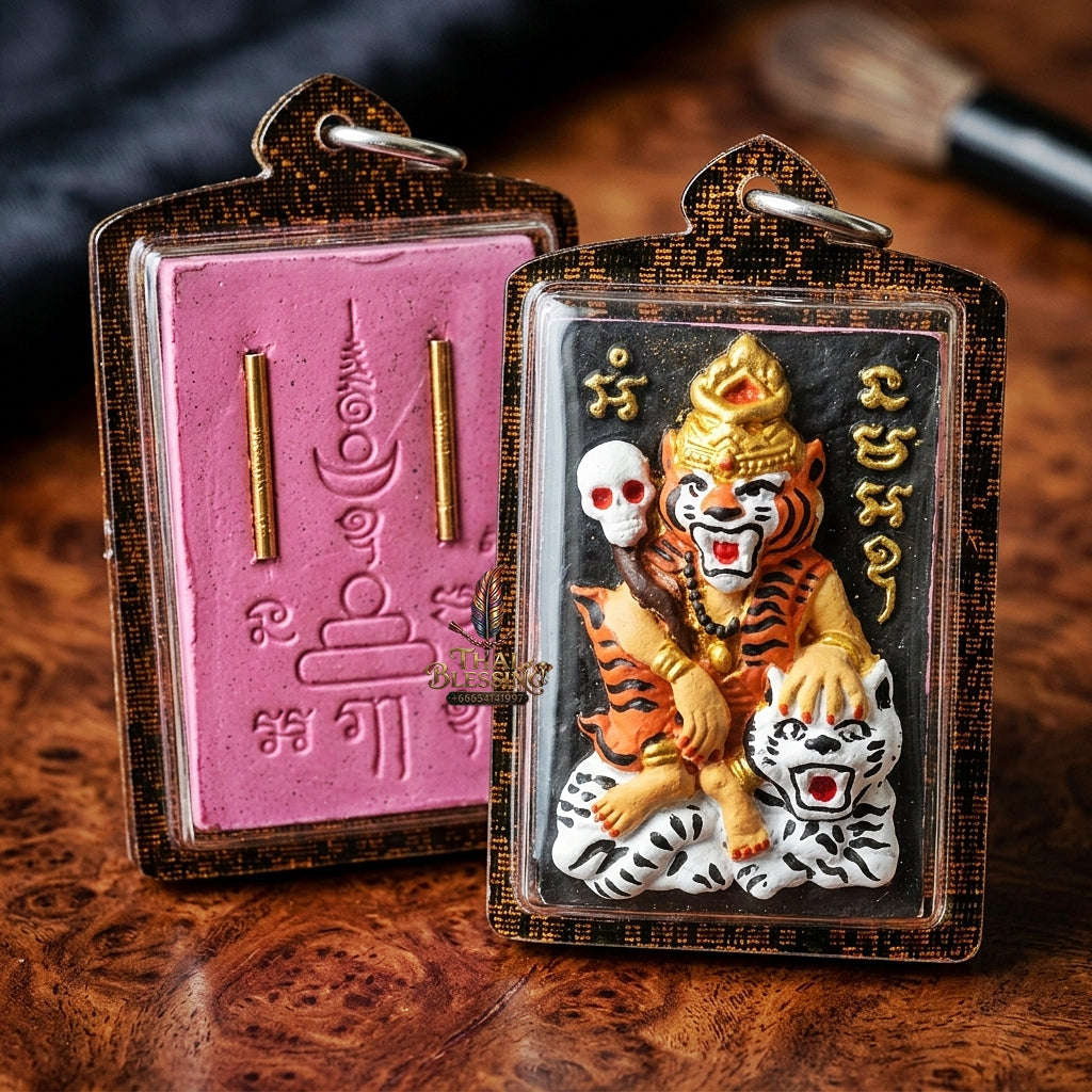 Pu Suea Chao Sane Thai Amulet Protection talisman good luck charm spiritual jewelry Pu Chao Samingphrai Sacred Charm Pink Hand-Painted Herb Thai Blessing Co By RURUECHA