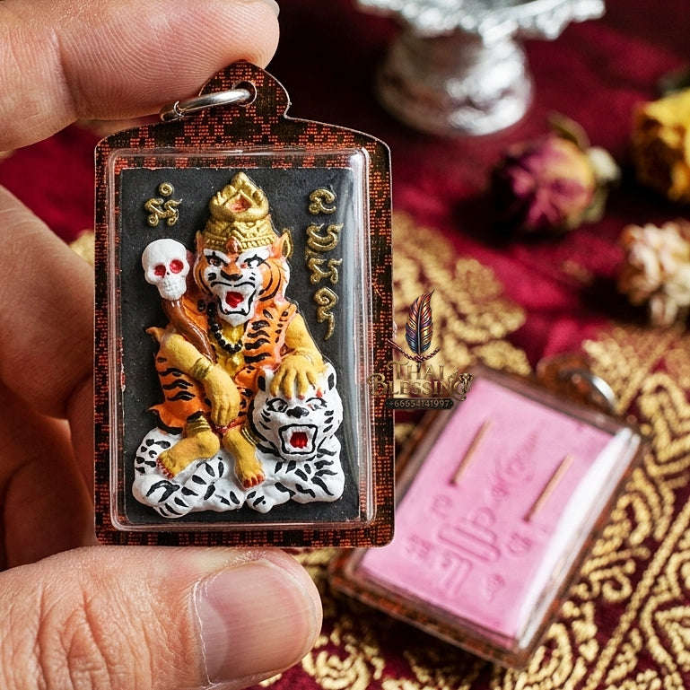 Pu Suea Chao Sane Thai Amulet Protection talisman good luck charm spiritual jewelry Pu Chao Samingphrai Sacred Charm Pink Hand-Painted Herb Thai Blessing Co By RURUECHA