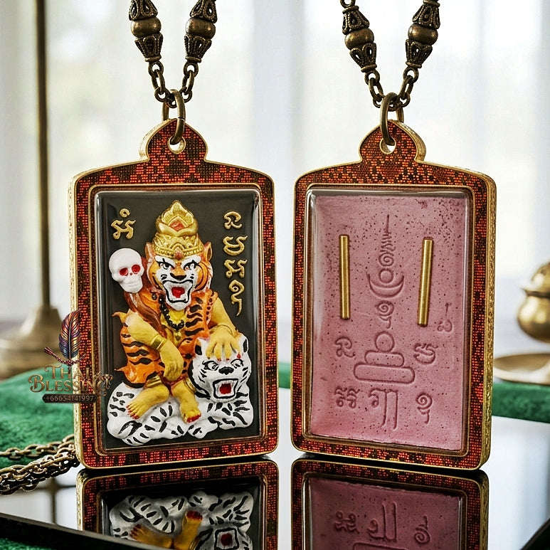 Pu Suea Chao Sane Thai Amulet Protection talisman good luck charm spiritual jewelry Pu Chao Samingphrai Sacred Charm Pink Hand-Painted Herb Thai Blessing Co By RURUECHA