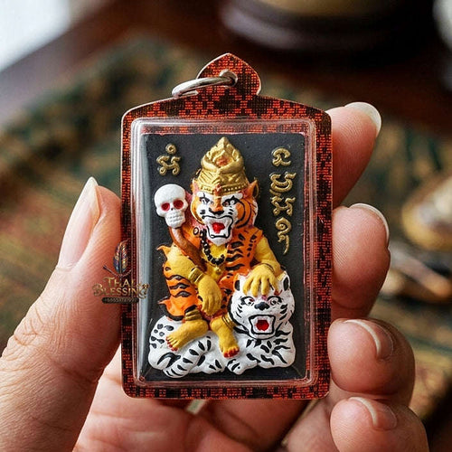 Pu Suea Chao Sane Thai Amulet Protection talisman good luck charm spiritual jewelry Pu Chao Samingphrai Sacred Charm Pink Hand-Painted Herb Thai Blessing Co By RURUECHA
