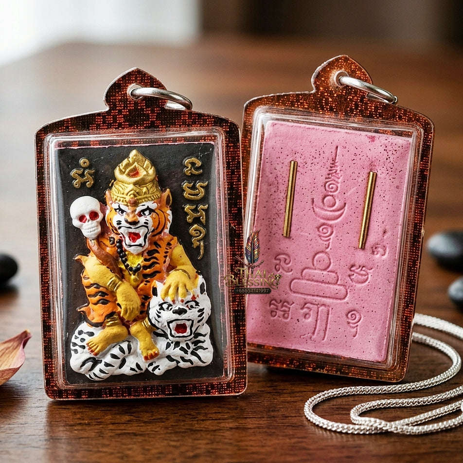 Pu Suea Chao Sane Thai Amulet Protection talisman good luck charm spiritual jewelry Pu Chao Samingphrai Sacred Charm Pink Hand-Painted Herb Thai Blessing Co By RURUECHA