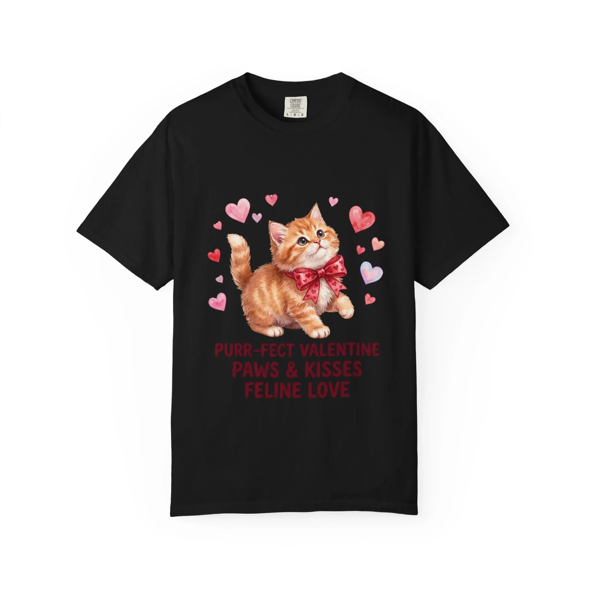 Purrfect Valentine Cat Paws Kisses T Shirt Cute Ginger Kitten Hearts Watercolor Cozy Vintage Aesthetic Gift Cat Lovers Soft Cotton Romantic Black