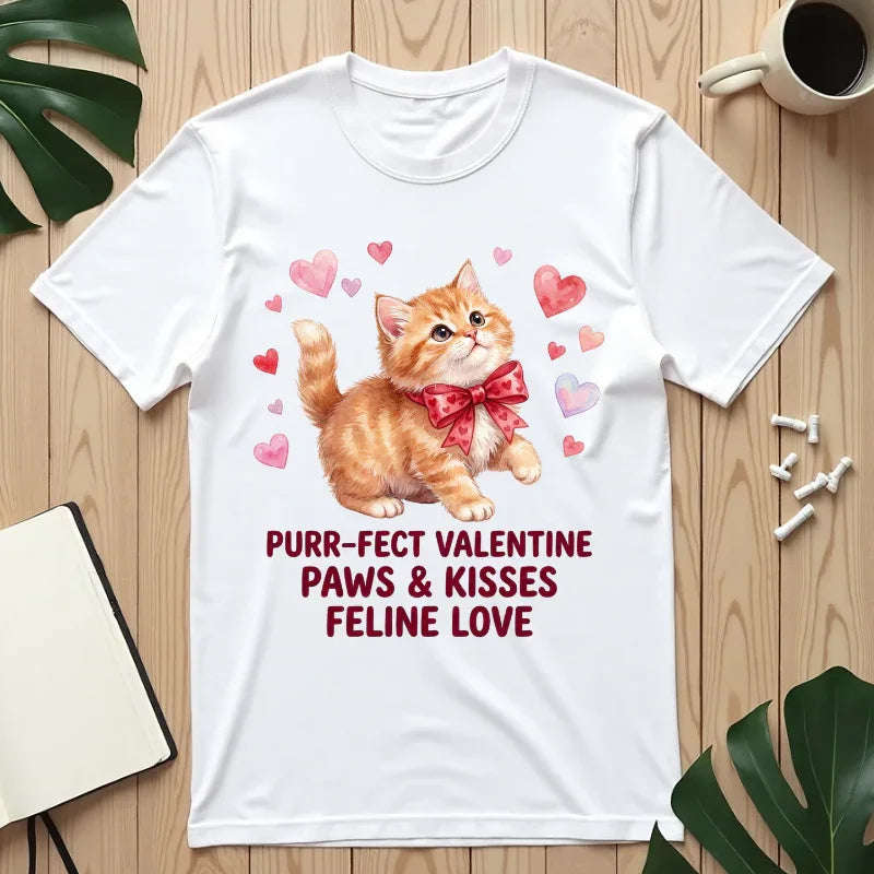Purrfect Valentine Cat Paws Kisses T Shirt Cute Ginger Kitten Hearts Watercolor Cozy Vintage Aesthetic Gift Cat Lovers Soft Cotton Romantic White