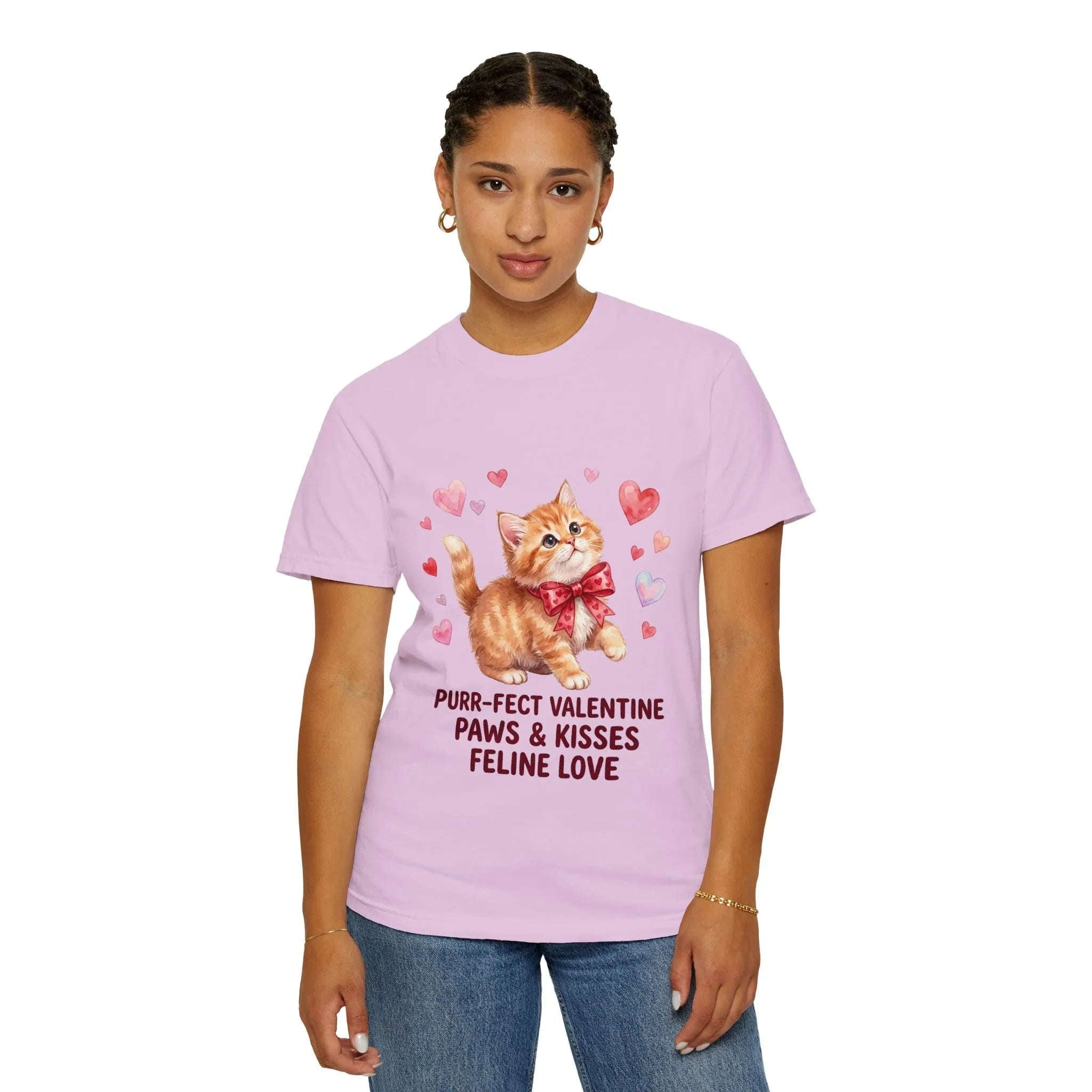Purrfect Valentine Cat Paws Kisses T Shirt Cute Ginger Kitten Hearts Watercolor Cozy Vintage Aesthetic Gift Cat Lovers Soft Cotton Romantic