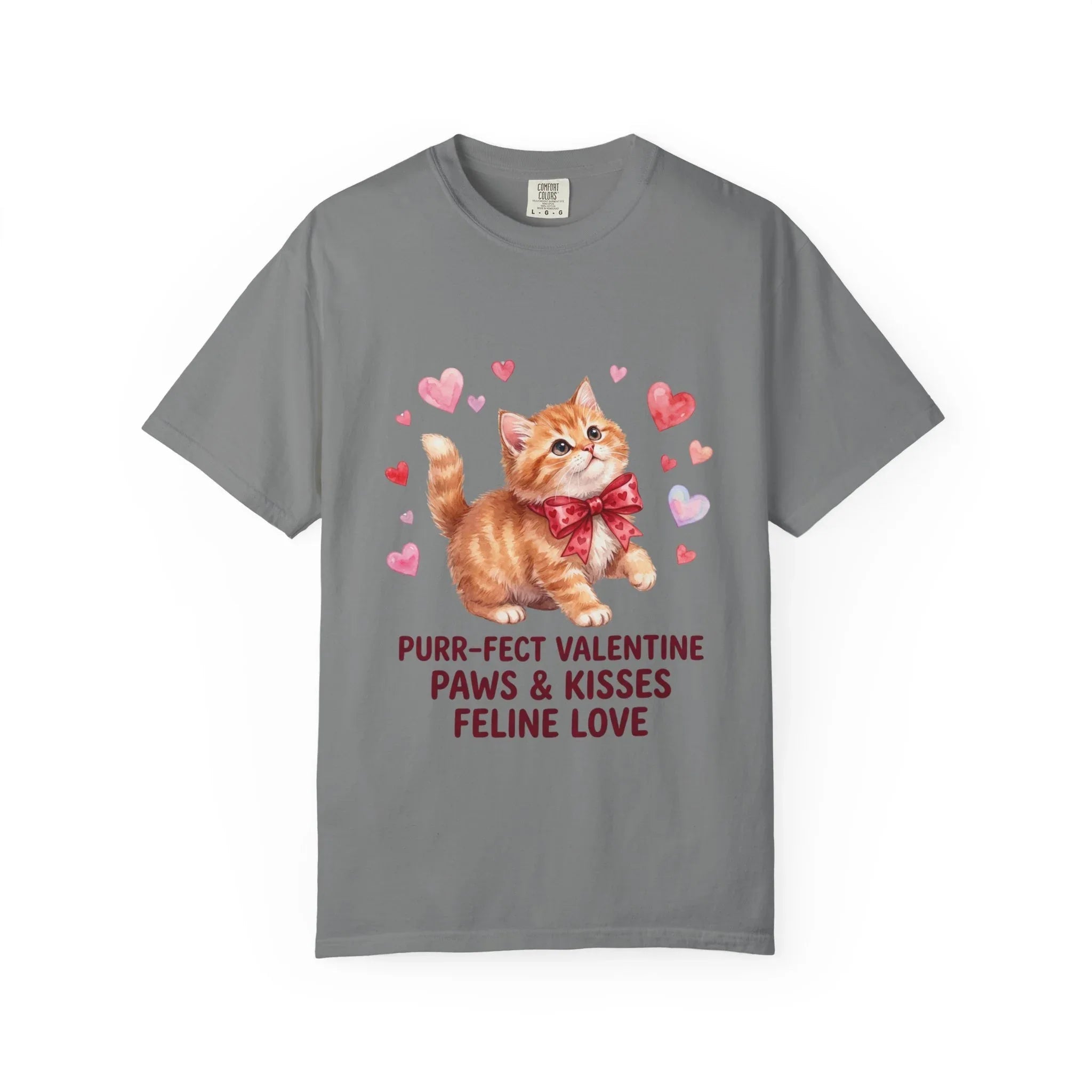 Purrfect Valentine Cat Paws Kisses T Shirt Cute Ginger Kitten Hearts Watercolor Cozy Vintage Aesthetic Gift Cat Lovers Soft Cotton Romantic Grey