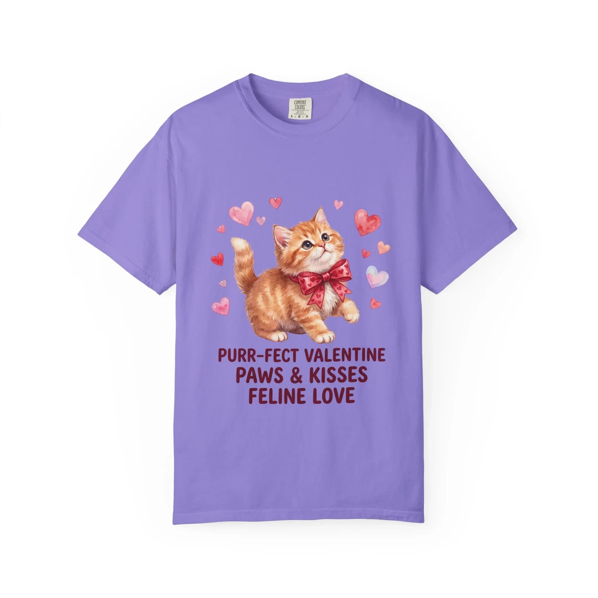 Purrfect Valentine Cat Paws Kisses T Shirt Cute Ginger Kitten Hearts Watercolor Cozy Vintage Aesthetic Gift Cat Lovers Soft Cotton Romantic Violet