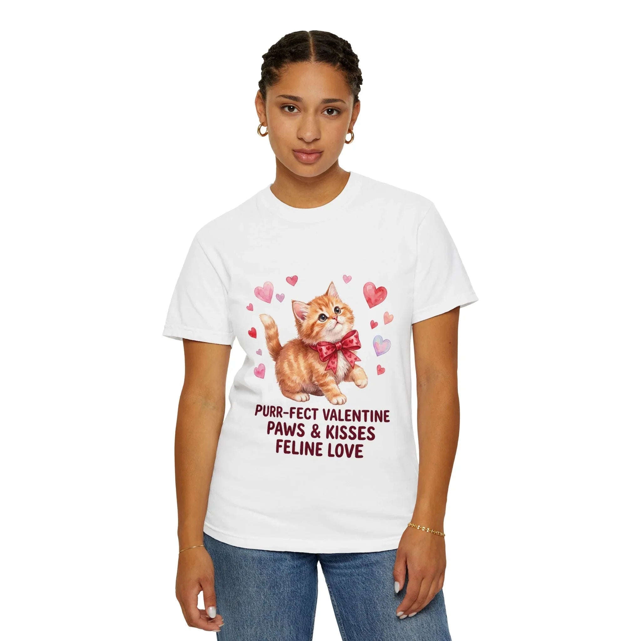 Purrfect Valentine Cat Paws Kisses T Shirt Cute Ginger Kitten Hearts Watercolor Cozy Vintage Aesthetic Gift Cat Lovers Soft Cotton Romantic