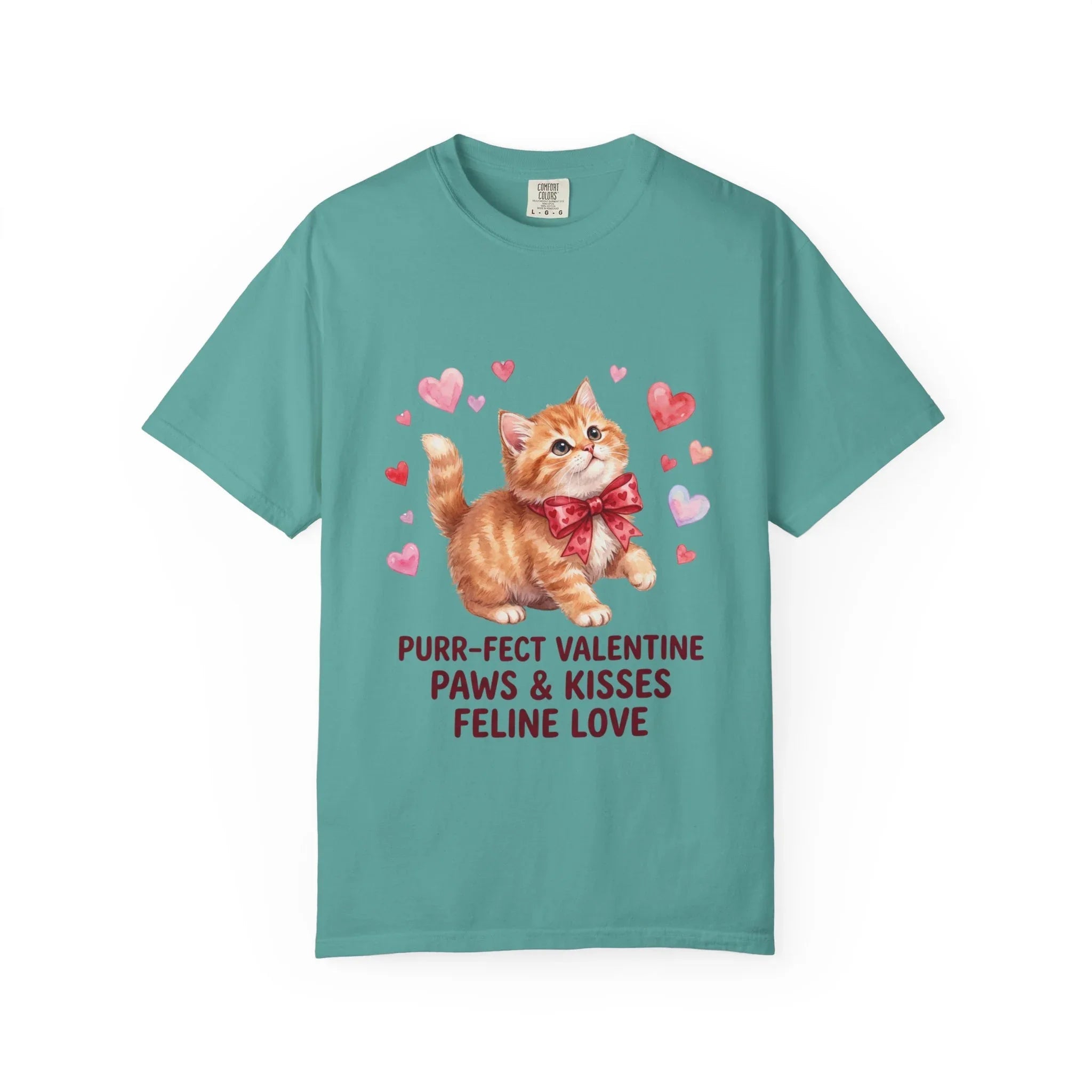 Purrfect Valentine Cat Paws Kisses T Shirt Cute Ginger Kitten Hearts Watercolor Cozy Vintage Aesthetic Gift Cat Lovers Soft Cotton Romantic Seafoam
