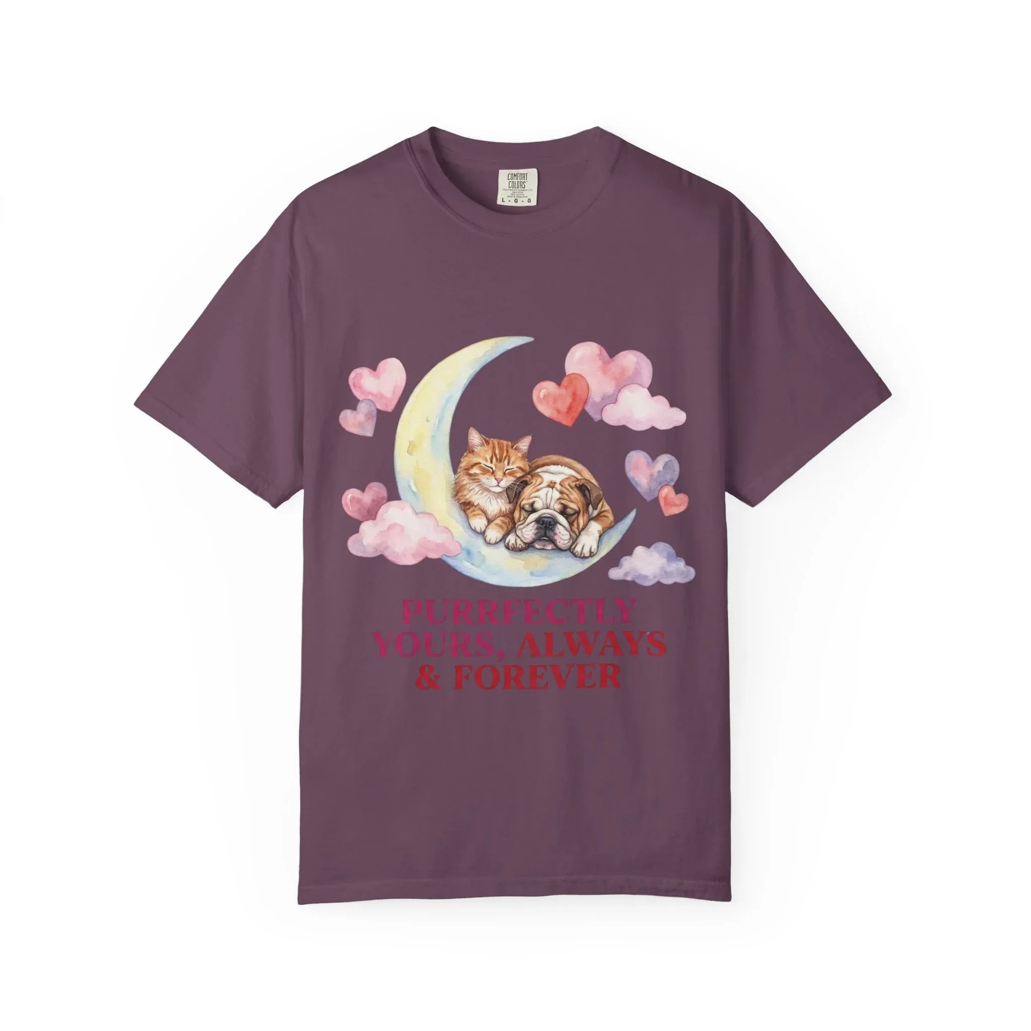 Purrfectly Yours Cat Dog Moon T Shirt Cute Pet Friends Hearts Watercolor Cozy Vintage Aesthetic Gift Pet Lovers Soft Cotton Romantic Tee Berry M