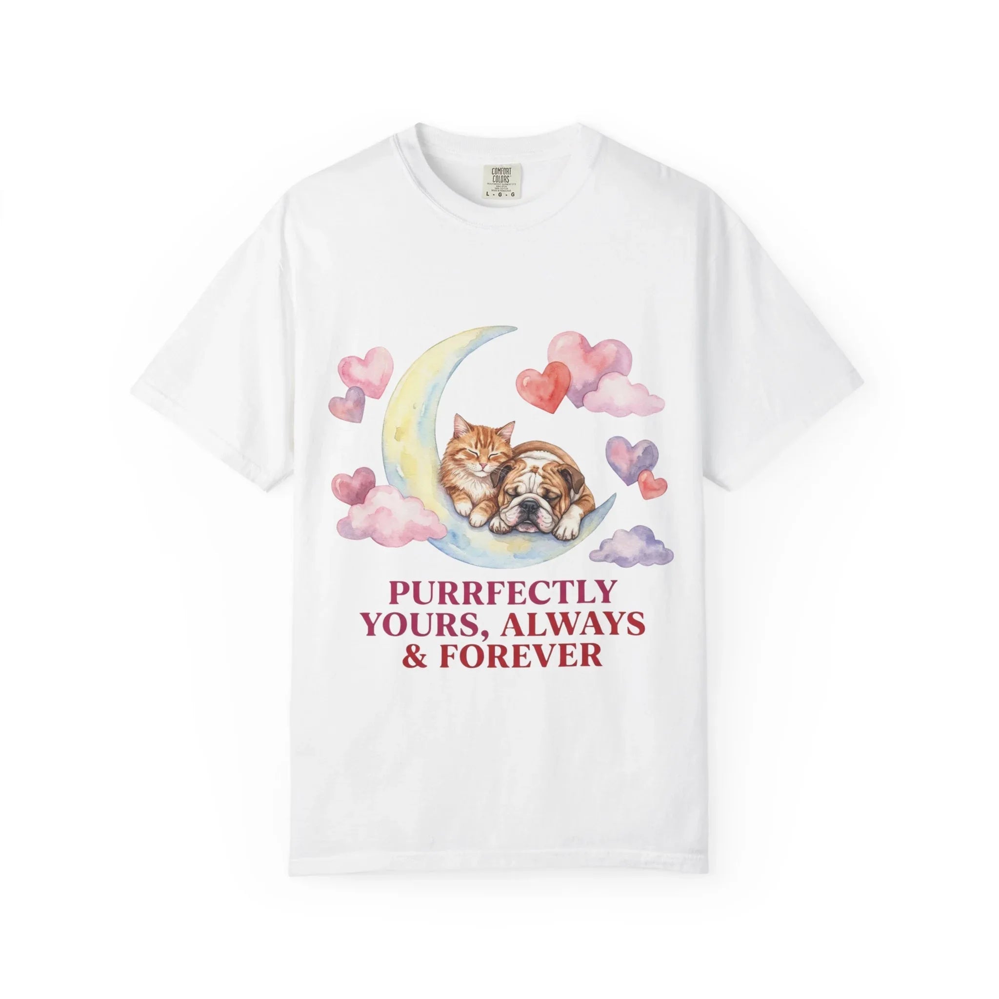 Purrfectly Yours Cat Dog Moon T Shirt Cute Pet Friends Hearts Watercolor Cozy Vintage Aesthetic Gift Pet Lovers Soft Cotton Romantic Tee White