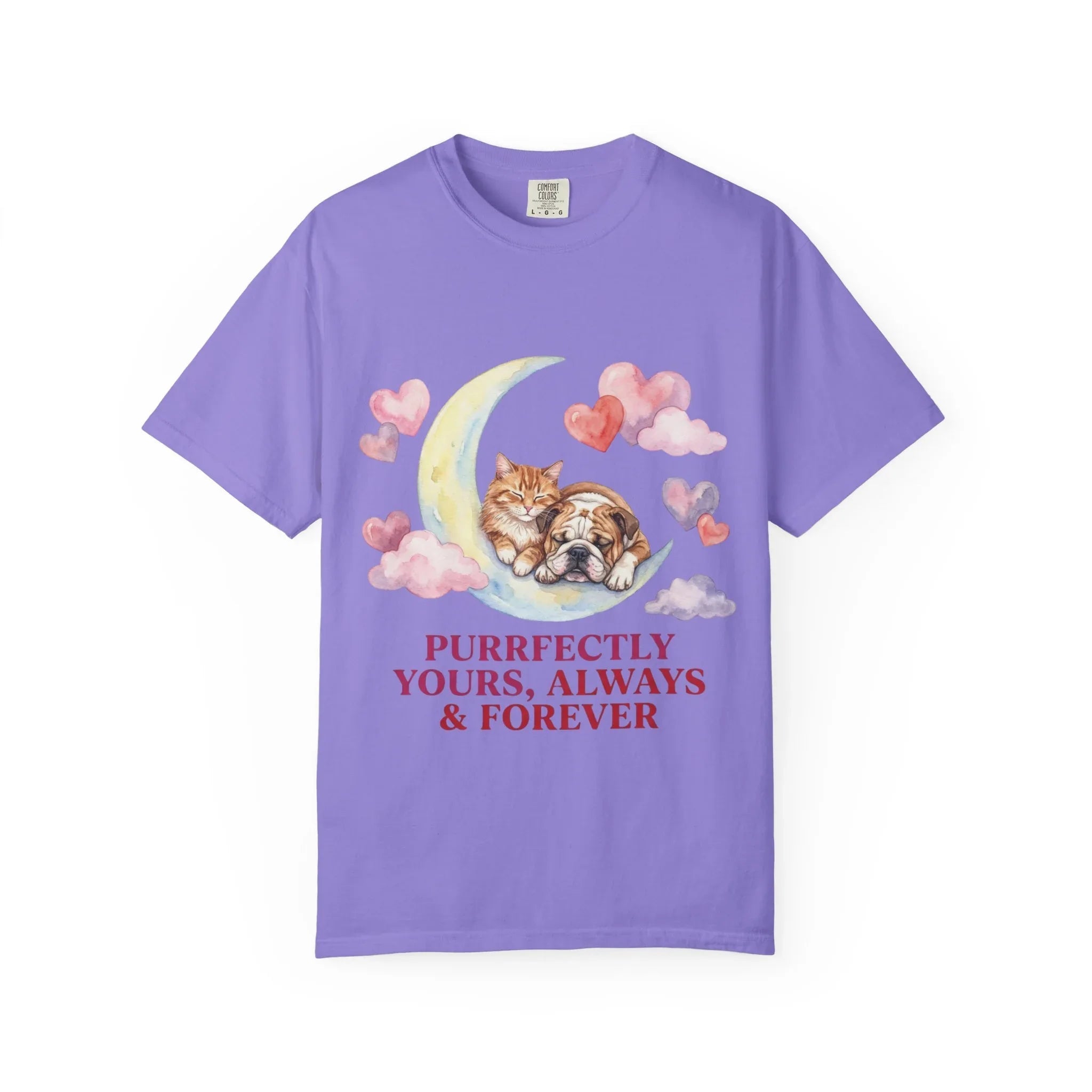 Purrfectly Yours Cat Dog Moon T Shirt Cute Pet Friends Hearts Watercolor Cozy Vintage Aesthetic Gift Pet Lovers Soft Cotton Romantic Tee Violet