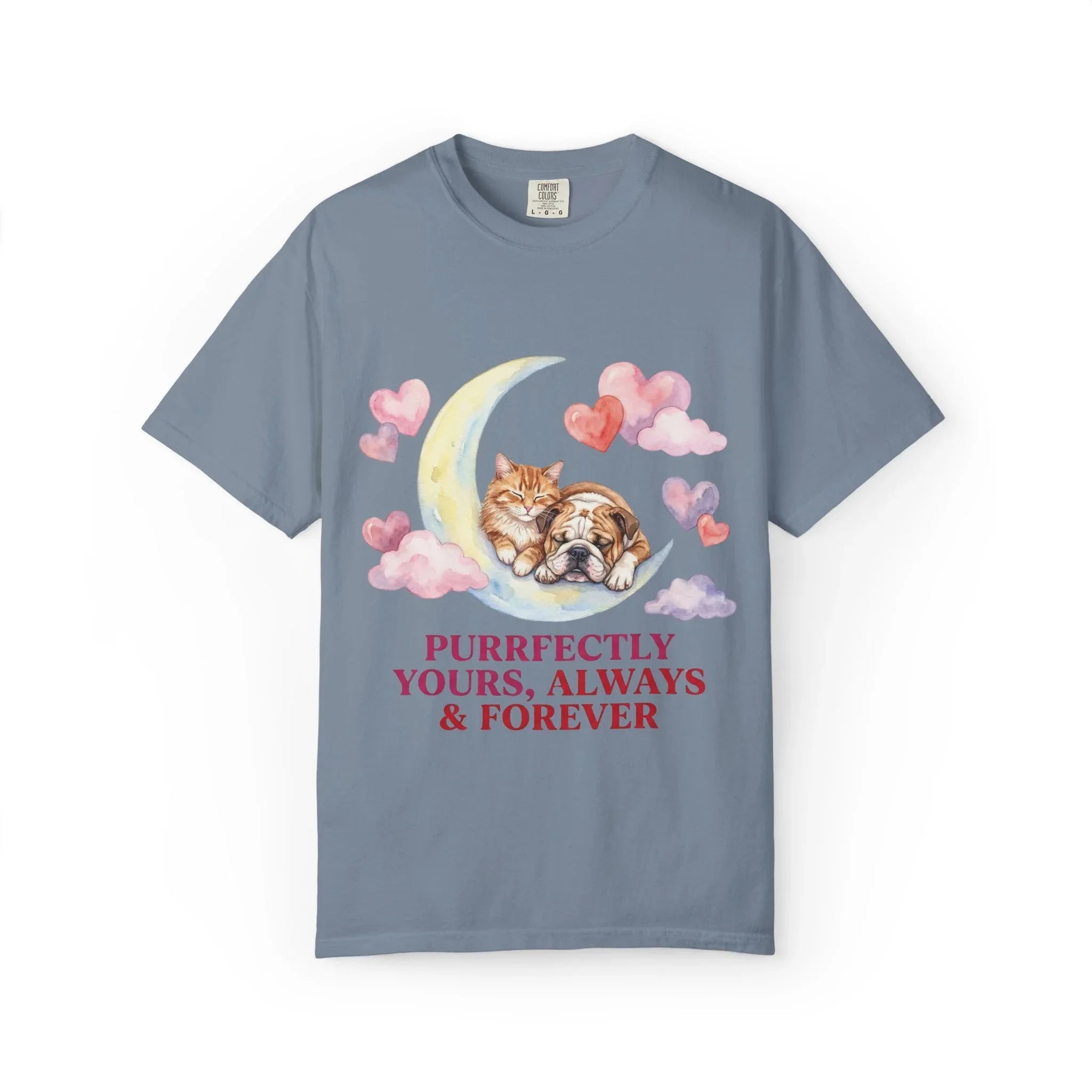 Purrfectly Yours Cat Dog Moon T Shirt Cute Pet Friends Hearts Watercolor Cozy Vintage Aesthetic Gift Pet Lovers Soft Cotton Romantic Tee Blue Jean