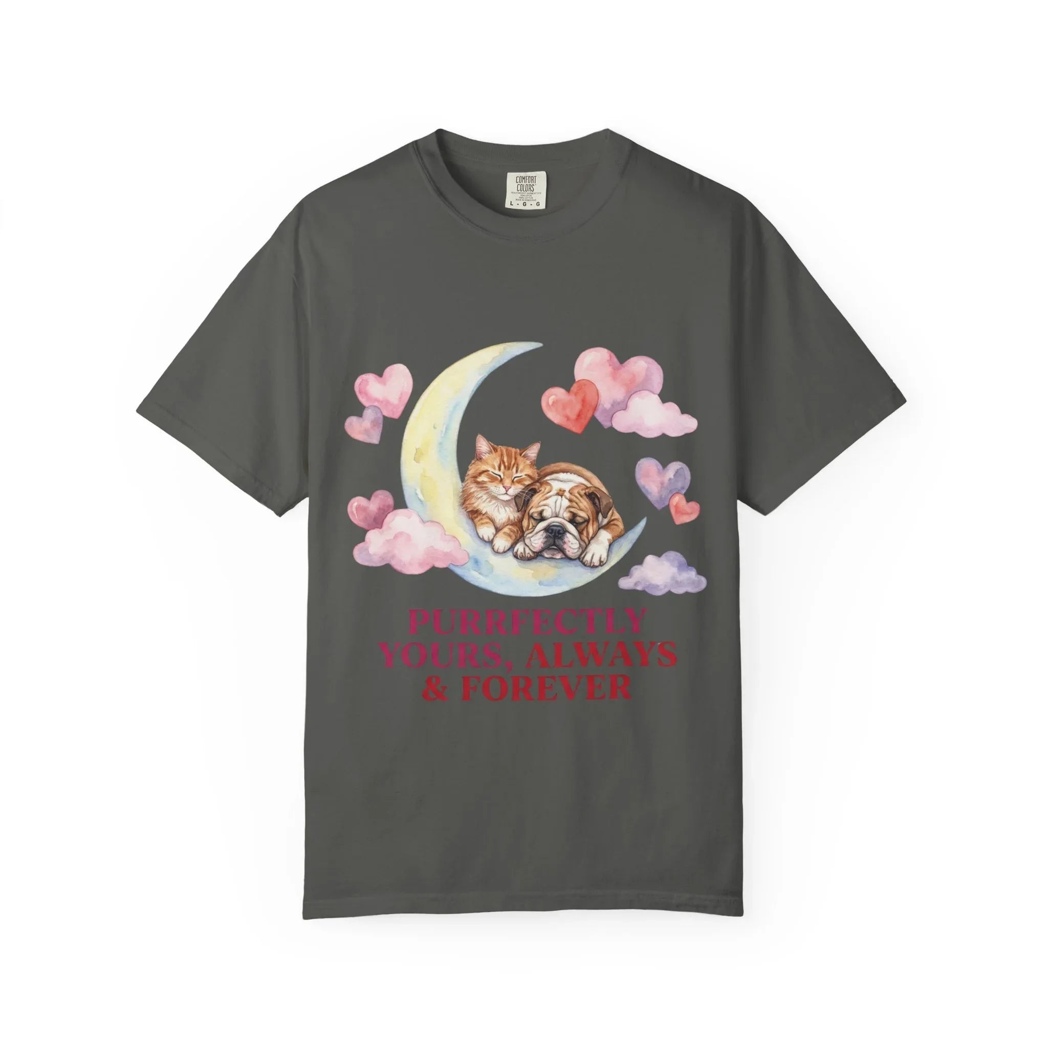 Purrfectly Yours Cat Dog Moon T Shirt Cute Pet Friends Hearts Watercolor Cozy Vintage Aesthetic Gift Pet Lovers Soft Cotton Romantic Tee Pepper