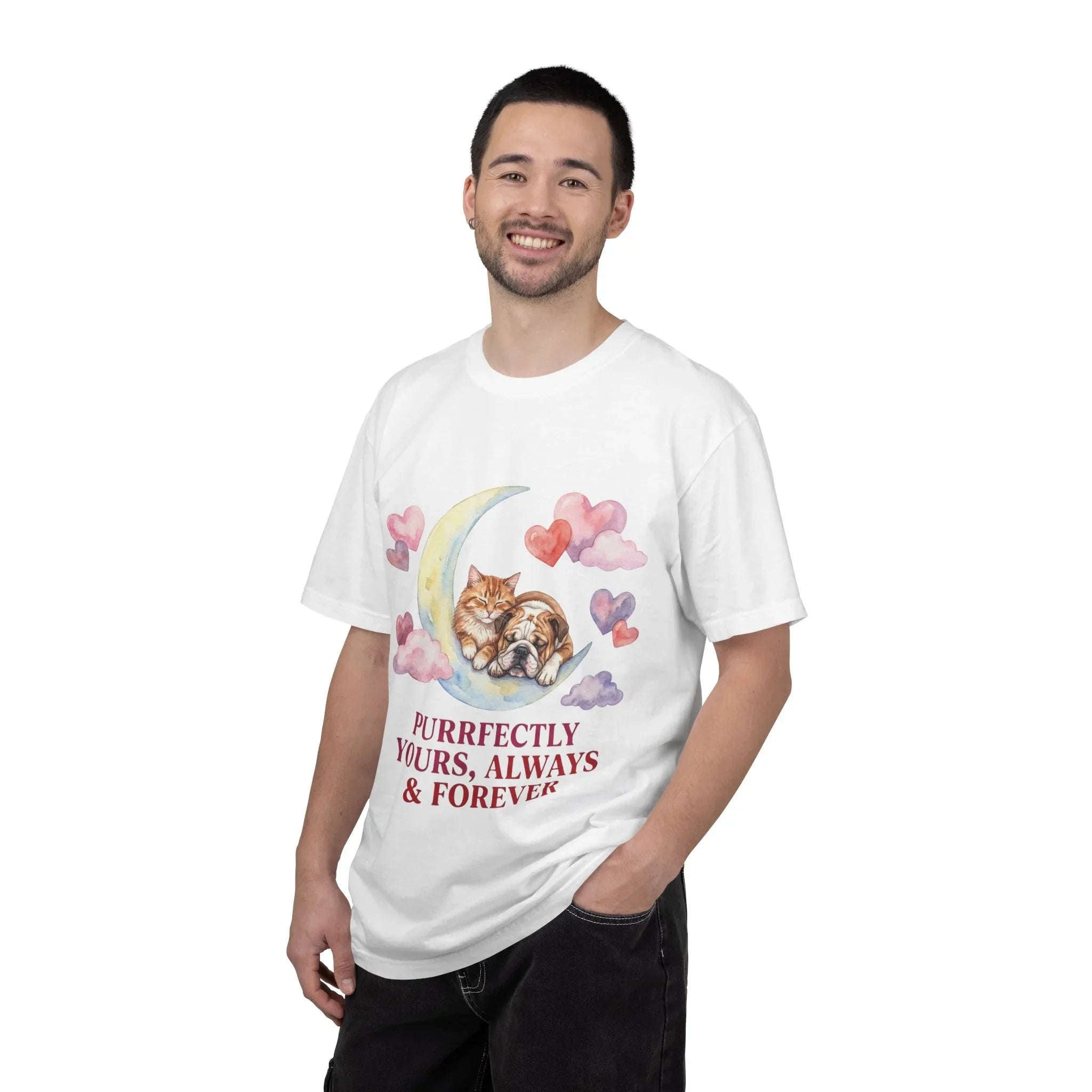 Purrfectly Yours Cat Dog Moon T Shirt Cute Pet Friends Hearts Watercolor Cozy Vintage Aesthetic Gift Pet Lovers Soft Cotton Romantic Tee
