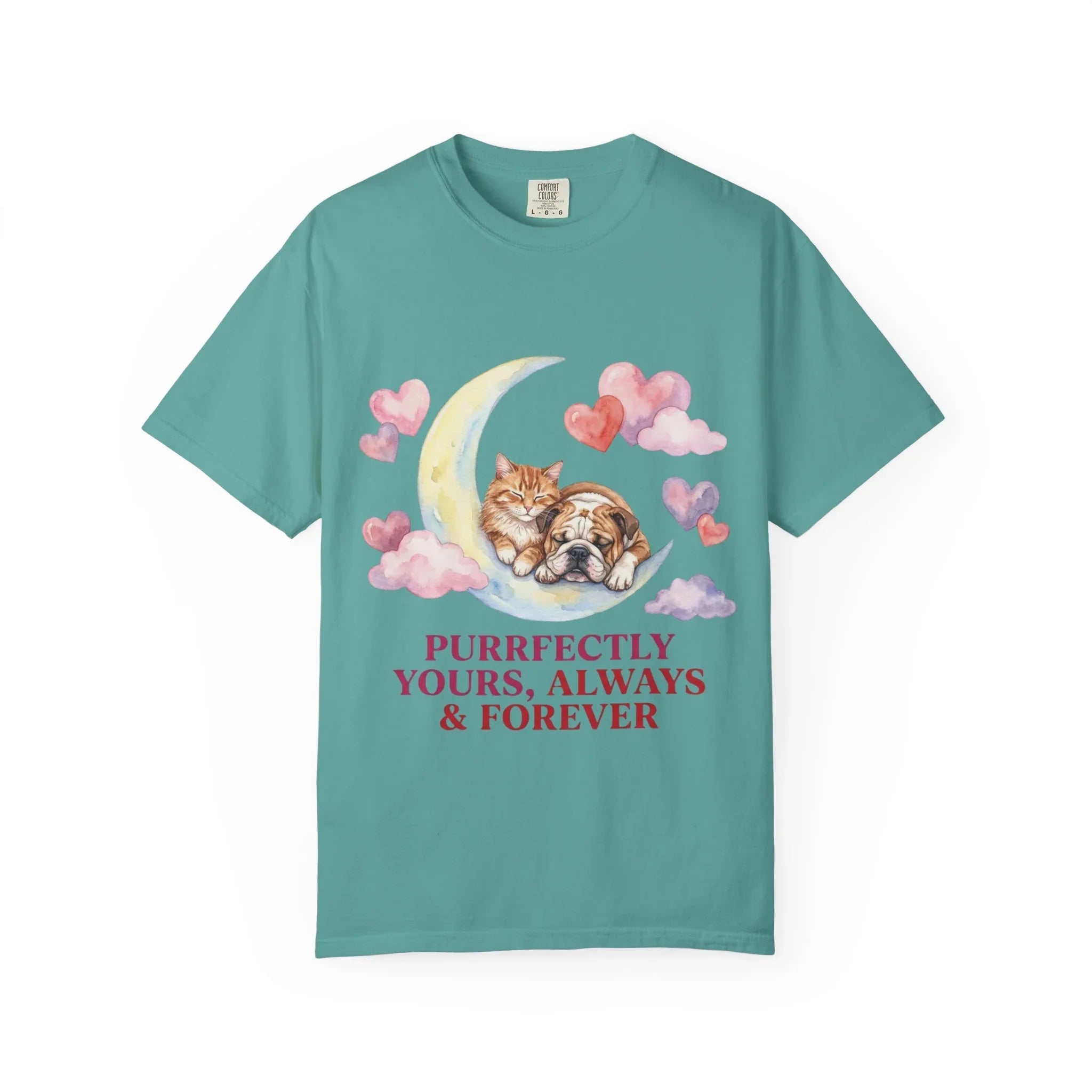 Purrfectly Yours Cat Dog Moon T Shirt Cute Pet Friends Hearts Watercolor Cozy Vintage Aesthetic Gift Pet Lovers Soft Cotton Romantic Tee Seafoam