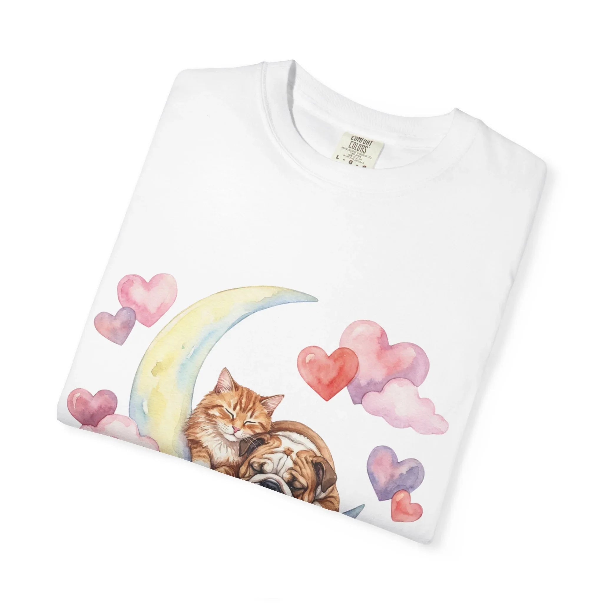 Purrfectly Yours Cat Dog Moon T Shirt Cute Pet Friends Hearts Watercolor Cozy Vintage Aesthetic Gift Pet Lovers Soft Cotton Romantic Tee