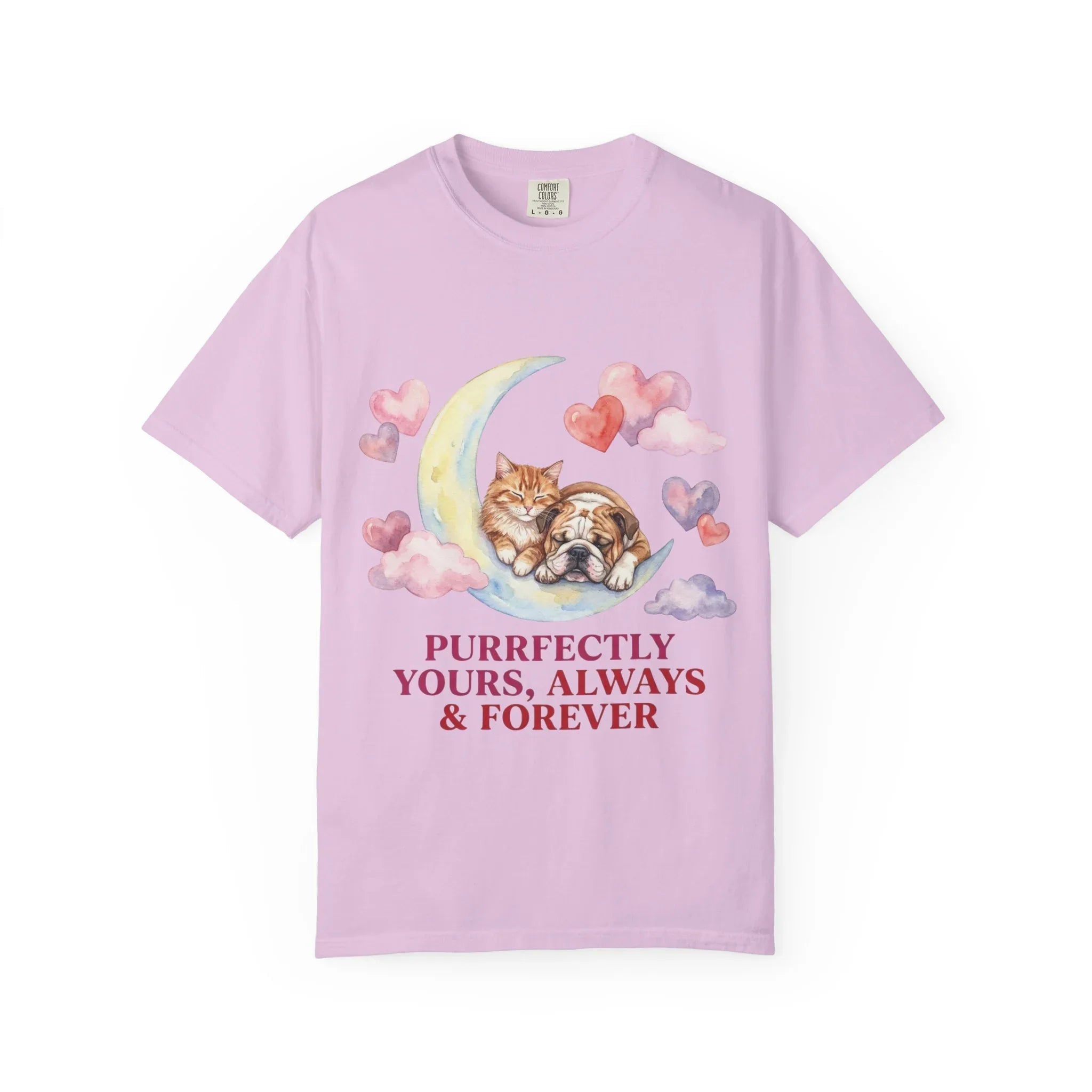 Purrfectly Yours Cat Dog Moon T Shirt Cute Pet Friends Hearts Watercolor Cozy Vintage Aesthetic Gift Pet Lovers Soft Cotton Romantic Tee Orchid