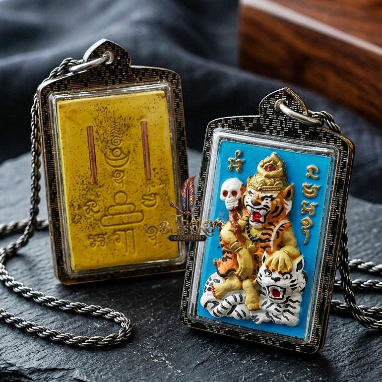 Puu Suea Chao Saney Thai Amulet Protection talisman good luck charm spiritual jewelry Sovereign Tiger Hermit Charm & Hand-Painted Yellow Charm Powder Thai Blessing Co By RURUECHA