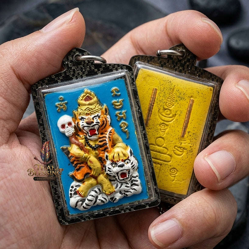 Puu Suea Chao Saney Thai Amulet Protection talisman good luck charm spiritual jewelry Sovereign Tiger Hermit Charm & Hand-Painted Yellow Charm Powder Thai Blessing Co By RURUECHA